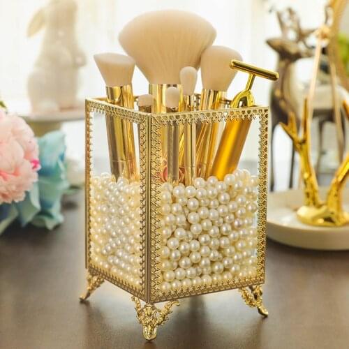 Golden Glass Brush Holders Vintage Makeup Storage Organizer Jewelry Organizer Cosmetic Box Necklace Earring Display Dresser