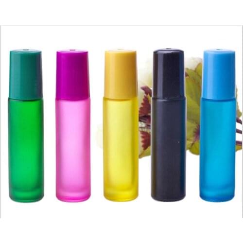 10mL Roll On Color Frosted Glass Bottle Solid Color Oil Bottle with Plastic Color Cover 100PCS/LOT