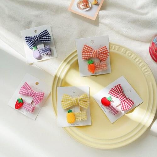 2 Pcs/Set Children Cute Acrylic Fruit Plaid Bow Ornament Hair Clips Baby Girls Lovely Barrettes Hairpins Kids Hair Accessories