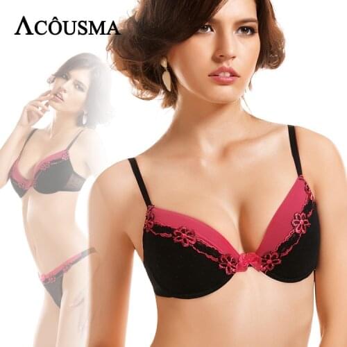 ACOUSMA Women Sexy Bra Sets Embroidery Floral Female Brassiere Lingerie Set With Seamless T Back Thongs