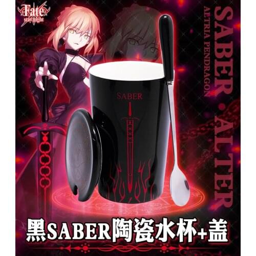 Anime Fate/Grand Order Saber Alter Water Cup Daily Ceramic Coffee Mug Cup Gold stamping Men Women Spoon+Cup lid Cup Xmas Gifts