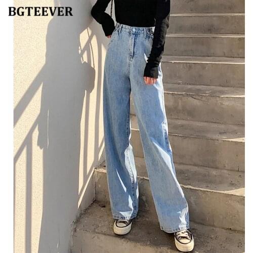 BGTEEVER Casual Ladies Wide Leg Solid Blue Jeans Pants 2021 Autumn High Waist Loose Long Female Straight Denim Trousers
