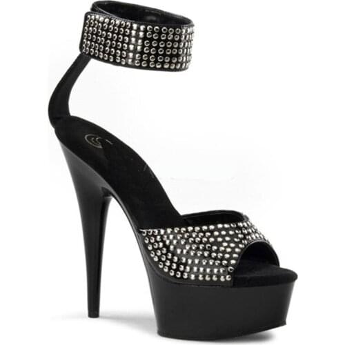 Brand Women Sandals Summer 15CM Thin High Heels PU Buckle Strap waterproof Rhinestone Dress Party Wedding shoes for woman Black