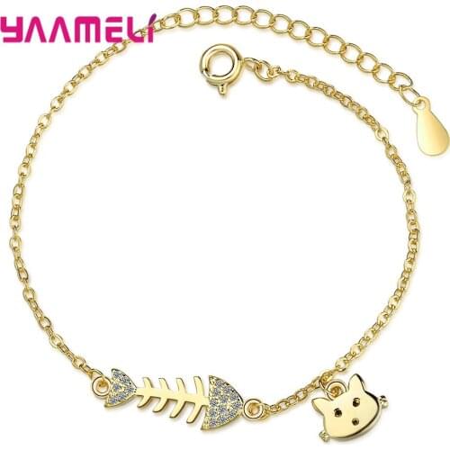 Cute Cat/Fish Bracelet for Girl Child Kid Christmas Birthday Gift Solid 925 Sterling Silver Excellent Cubic Zircon Handmade