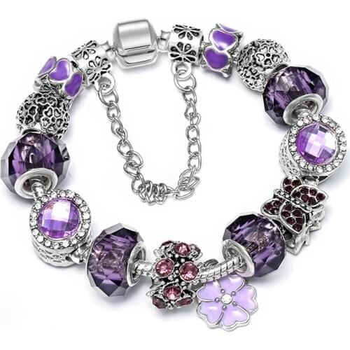 BRACE CODE Dropshipping Purple Charm Bracelet with Purple Crystal Beads and Butterfly Pendant Bracelet for Womens Gifts