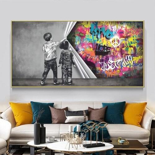 Kids Uncovering Curtain Canvas Painting Graffiti Art Poster Street Wall Art Prints Picture Living Room Home Cuadros Decor