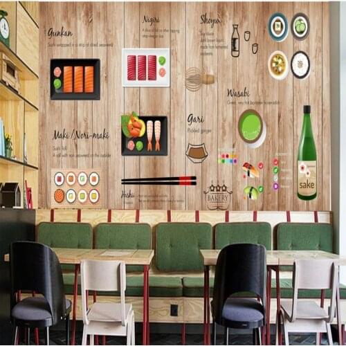Drop Shipping Custom Photo Wallpaper Hand Painted Japanese Cuisine Sushi Wooden Background Wallpaper Kitchen Custom Mural