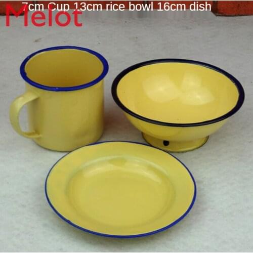 Enamel wine cup, nostalgic home cup, white and yellow flower teapot with lid, old style big teacup without lid