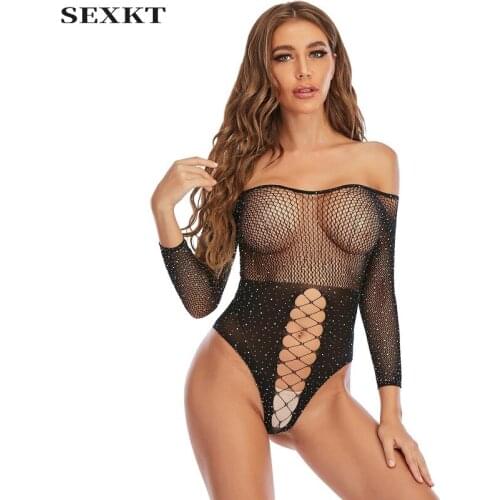 Erotic clothes Sex clothes Ladies Rhinestone Jumpsuit Uniform Sexy Open Long Sleeve Sexy Lingerie Diamond Shiny Fishnet Clothes