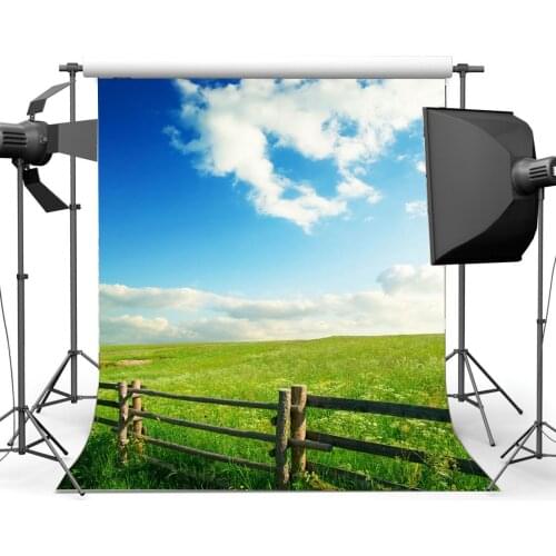Rustic Farmland Backdrop Shabby Wood Fence Green Grass Meadow Wheat Field Backdrops Blue Sky White Cloud Background