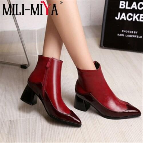 MILI-MIYA New Arrival Basic Women Pointed Toe Ankle Boots zipper Patent leather PU Hoof high heel Black shoes Plus size 35-48