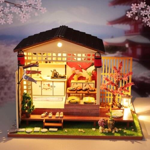 Mini DIY Dollhouse Kit Assembled Cherry Blossoms House Japanese Style Cabin for Christmas Birthday Valentines Day Gift