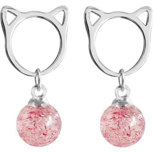 Fashion Cute Cat Drop Earrings S925 Silvery Jewelry Hanging Strawberry Crystal Stone Womens Statement Wedding Dainty Fun Gifts