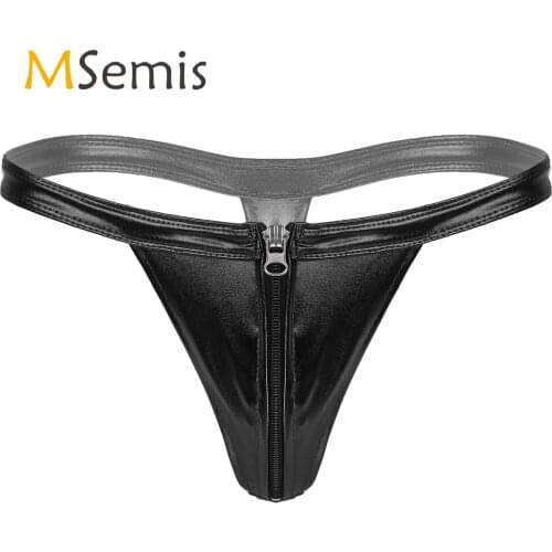 Mens Bikini Underwear Zipper Front Bulge Pouch Bikini Bottom Low Waist G-string Thongs Briefs Panties Glossy Jockstarp Underpant