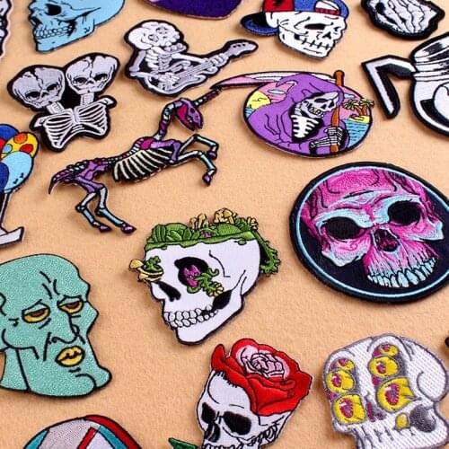 Pulaqi Terror Skull Patches For Clothing Punk Grim Reaper Stripe Iron on Embroidered Patches On Clothes Stickers For Clothes DIY