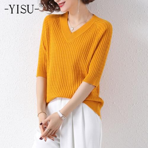 YISU 2021 New Women Casual Middle sleeve Sweater Pullover Tees Summer V-Neck Solid color Knitted pullover Female Thin T-shirt