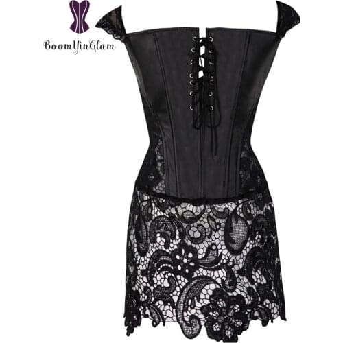 Wholesale plus size lace shoulder straps slimming body shapewear black leather clubwear corset dress with zip 903