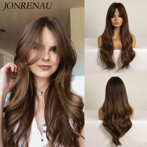 JONRENAU Long Ombre Dark Brown Blonde Wavy Synthetic Wigs for Women Natural Curly Soft Hair Party Daily Use Cosplay Wig