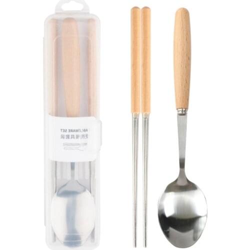Portable Tableware Stainless Steel Chopsticks Spoon Cutlery Sets With Wood Handle Travel Dinnerware with Plastic Storage Case