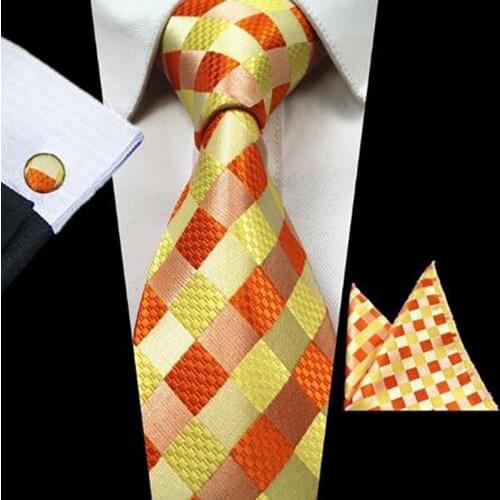 Ricnais New Fashion Plaid Tie Set 100% Silk Jacquard Men Necktie Gravata Hanky Cufflinks Set Pocket Square Mens Tie for Wedding