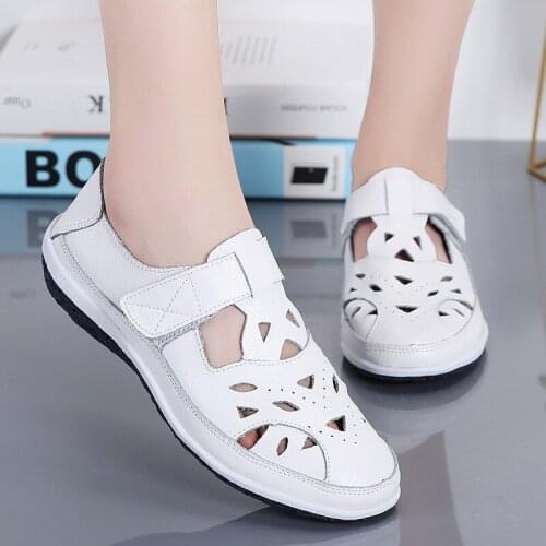 Women Flat Sandals Split Leather High Quality Mothers Summer Shoes Cut-out Breathable Ladies Gladiator Sandals Big Size EU42
