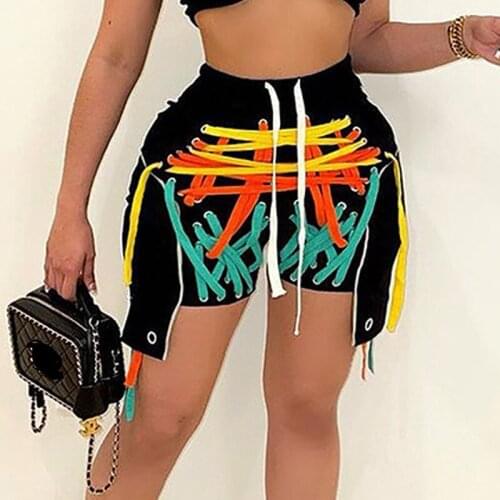 Sexy Lace Up Tassel Bandage Shorts Women Streetwear Irregular Drawstring High Waisted Summer Shorts Skirts with Zipper Pockets