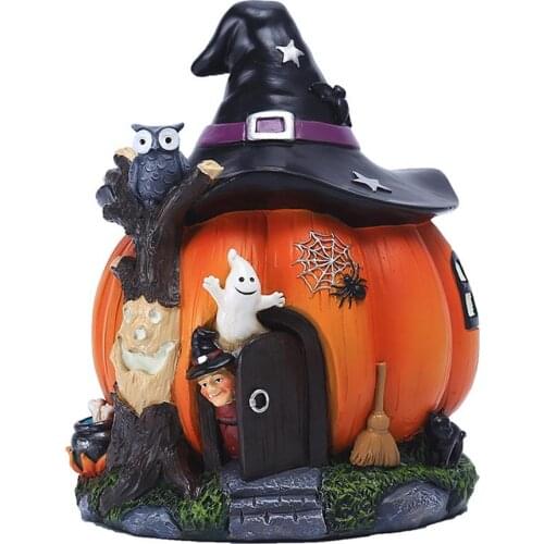 Luminous Pumpkin House Statue Halloween Witch Pumpkin House Ornament Glowing Resin Decoration Halloween Decor Home Decor Crafts