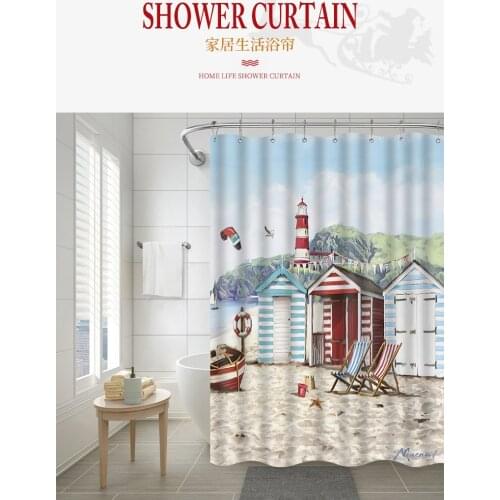 3D beach scenery seaside bathroom decoration waterproof shower curtain polyester washable home decoration curtain with hook