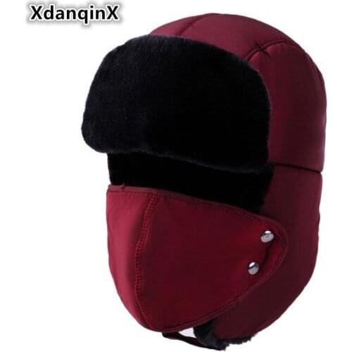 XdanqinX Winter Womens Fur Hat Earmuffs Cap Warm Plus Velvet Thick Mens Bomber Hats With Ears Multi-colored Windproof Ski Caps