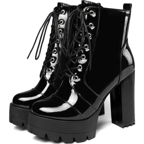 2021 Thick High Heeled Female Patent Leather Ankle Boots Round Toe Lace-up Zipper Women Short Boots Gothic Women Shoes 11.5cm