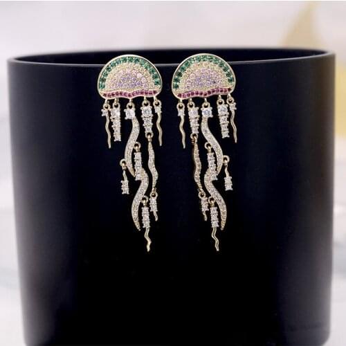 SWOUR New Fashion Jewelry S925 Silver Needle Multicolor Zircon Jellyfish Design Long Tassel Dangle Earrings For Women S469