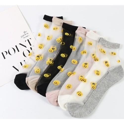 DONG AI 6 pairs summer fashion glass silk female transparent socks smile face expression cotton bottom