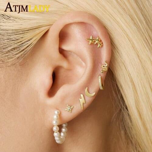 100% 925 Sterling Silver High Polish Lightning Bolt Stud Earring For Women Classic Fashion Gold Color Multi Piercing Jewelry