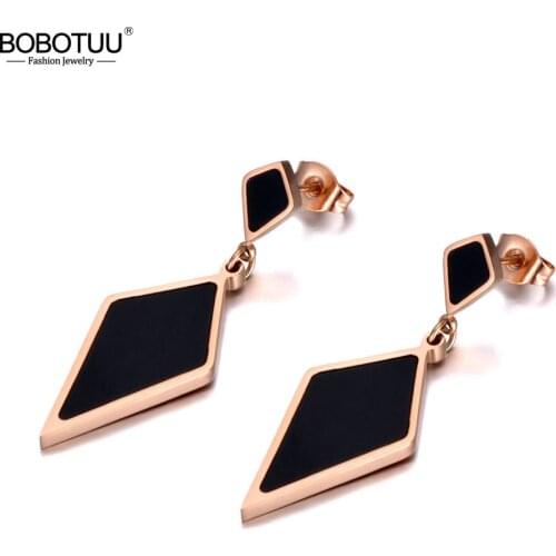 BOBOTUU Trendy Titanium Stainless Steel Black Acrylic Geometry Earrings Jewelry Rose Gold Office Earrings For Women BE20034