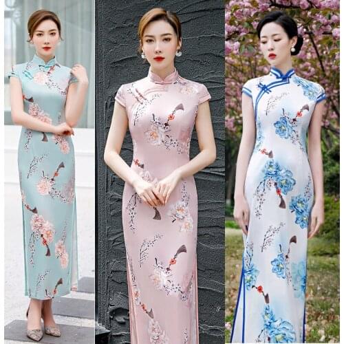 Women Sweet Flower Print Long Qipao Elegant Mandarin Collar Vintage Chinese Dress Summer Short Sleeve Cheongsam Big Size M-4XL