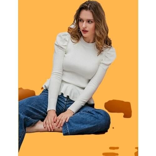 Simple Elegant Womens Round Neck Solid White Long Sleeve Pullover Sweater Autumn Winter Female Sweater Ladies Leisure Jumper