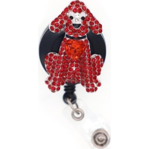 100pcs/lot New Design Enamel Rhinestone Dog Shape Brooch Rhinestone Retractable Animal ID Badge Reel Holder