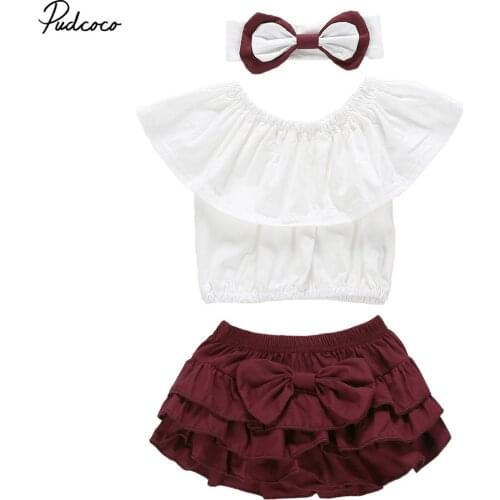 Pudcoco kid Casual Clothing Set Cotton 3Pcs Baby Toddler Girls Kids Overalls Wine Red Skirt+Bow Headband+T-shirt Clothes Outfit