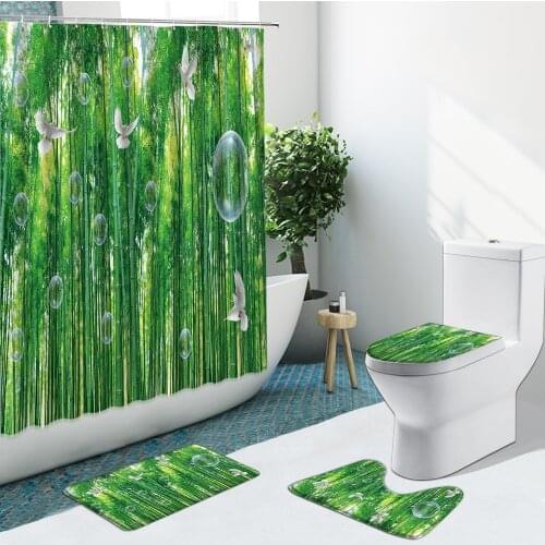 3D Green Bamboo Forest White Dove Bathroom Set Shower Curtain Elk Flower Non-Slip Rugs Flannel Carpet Cover With Hooks Bath Mat