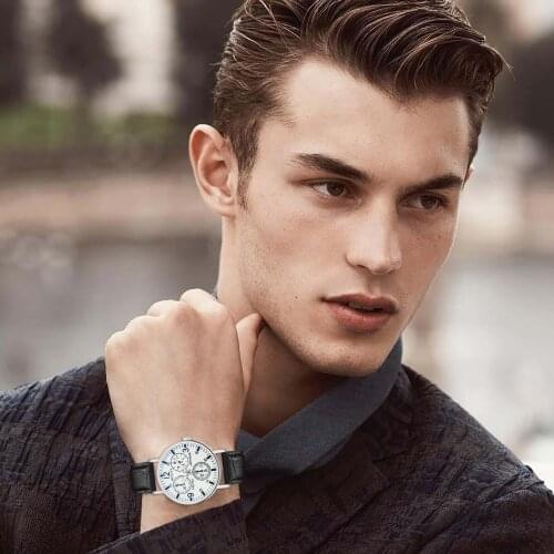 Modiya Belt Mens Watch Three Eye Watches Quartz Mens Watch Blue Glass Belt Watch Men Fashion Mens Business Watch Мужские Часы