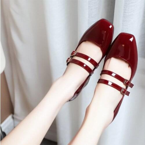Spring Autumn Women Double Buckle Mary Janes Shoes Patent Leather Dress Shoes High Heels Pumps Retro Ladies Shoe Black Red 8962C