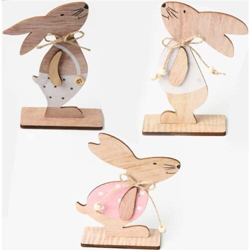 Wooden Easter Bunny Pendants Rabbit Ornaments Desktop Baby Shower Girls Easter Decoration Happy Embossing Easter DIY Props