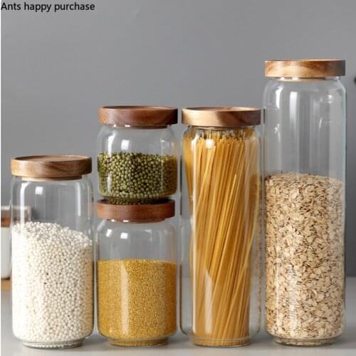 Home Food Sealed Jar Transparent Glass Jar Acacia Wood Cover Various Specifications 350ml/650ml/950ml/1250ml/1550ml Storage Tank