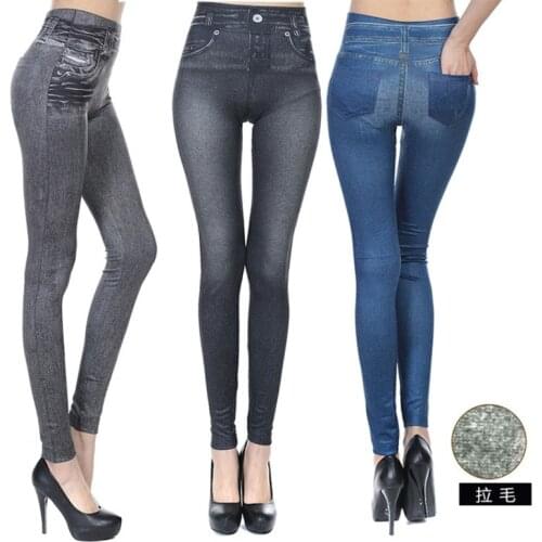Women Fleece Lined Winter Jeggings Seamless Faux Jeans Denim Slim Pencil Fashion Leggings Fitness Pant