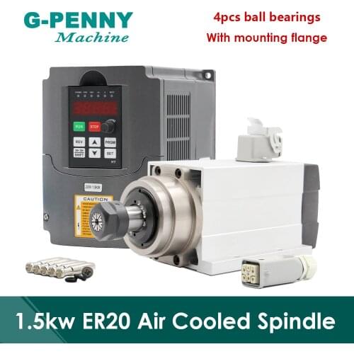 220v 380v Spindle motor 1.5kw ER20 Air Cooled with flange square spindle air cooling with 1.5kw VFD Variable Frequency Drive