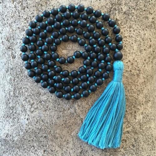 Customized Matte Black Onyx 108 Bead Mala Necklace Long Knotted Yoga Necklaces with Handmade Blue Tassel Buddhist Mala Necklace