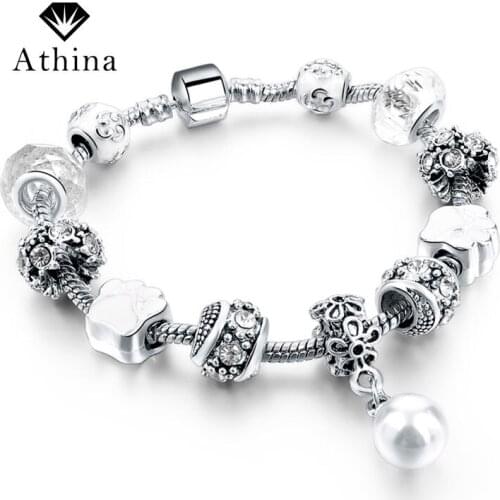 Fashion European Silver Plated Bracelets & Bangles With Simulated Pearl Charm Bracelets For Women Pulseira SBR160043