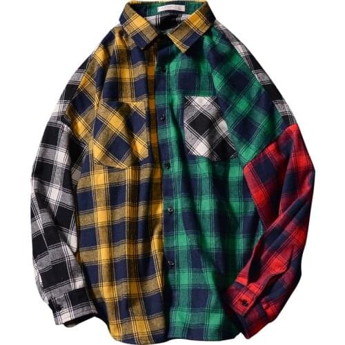 New Mens Loose Plaid Shirt Casual Jacket Teen Long Sleeve Shirt Spring and Autumn Cardigan Color Matching