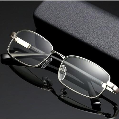 Men‘s Reading Glasses Glass Lens Presbyopic Glasses Photochromic Clear Magnifying Square Silver Metal Frame High Quality