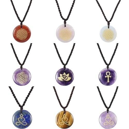 TUMBEELLUWA Engraved Round Stone Amulet Pendant Necklace, Adjustable Wave Necklaces for Unisex